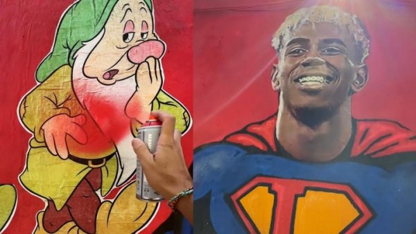 亚马尔的壁画还是过创作家建筑，此前曾被7个小矮东说念主的涂鸦破碎