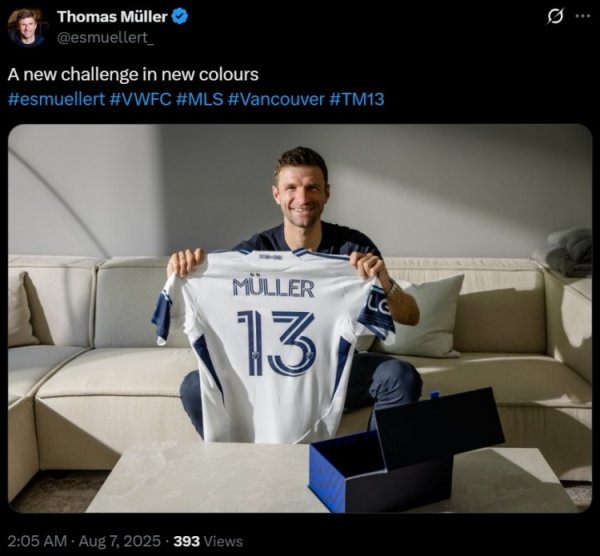 加盟温哥华白浪，穆勒社媒：身披全新情愫球衣的新挑战