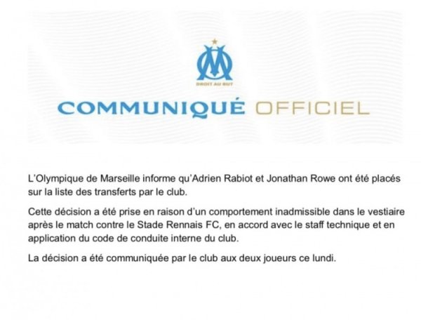 赛后爆发热烈冲破，马赛官方：已将拉比奥特与洛维列入出售名单