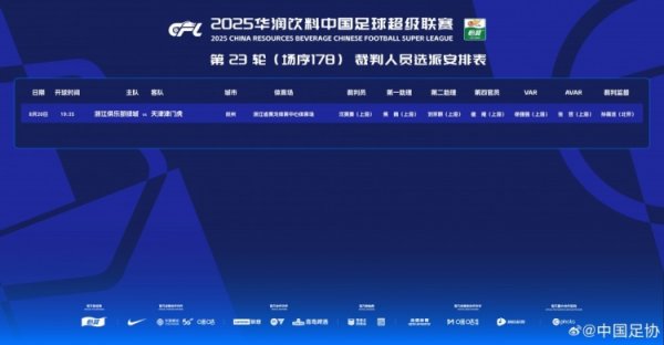 浙江队vs津门虎裁判安排:沈寅豪担任主裁判 VAR徐强强