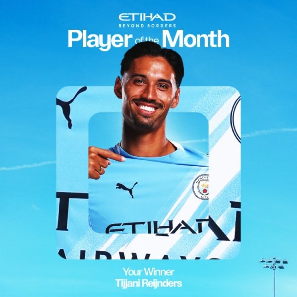 3轮1球1助攻！曼城官方：27岁新援中场赖因德斯当选8月最好球员