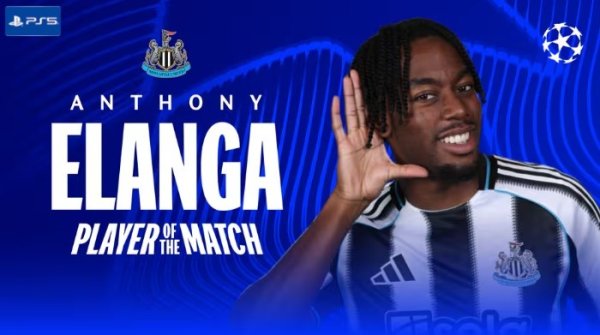 1过东谈主到手1关节传球，伊兰加当选纽卡4-0圣吉罗斯一役全场最好